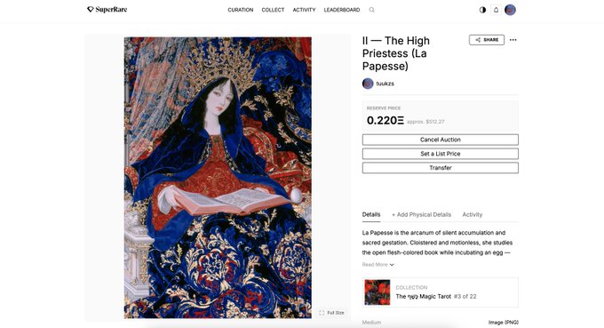 A SuperRare NFT listing by "tsukiz" displays "II — The High Priestess (La Papesse)" at a reserve price of 0.220Ξ ($552.27), with options for Cancel Auction, Set a List Price, and Transfer. The artwork, inspired by Alejandro Jodorowsky and Marianne Costa's "The Way of Tarot," depicts a richly adorned female figure reading an open book, rendered in a style echoing the classic Tarot de Marseille.