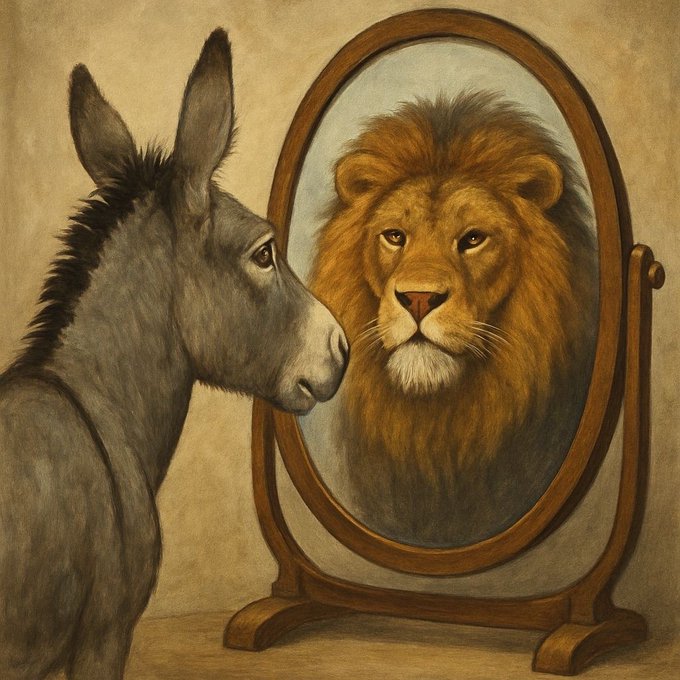 A painting depicts a gray donkey looking into an oval mirror that reflects the image of a majestic lion.
