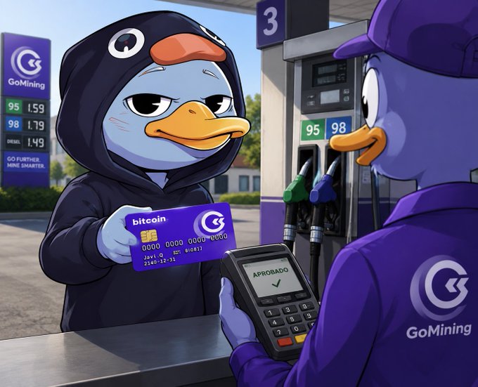 A GoMining-branded penguin in a hoodie hands a Bitcoin card to a gas station attendant at pump 3, who swipes it on a terminal showing "APROBADO" (approved), with prices for 95 (1.59), 98 (1.79), and diesel (1.49) displayed—visually representing the post's point about using the GoMining Visa card for everyday purchases like gas to earn 2% TH power back on miners.