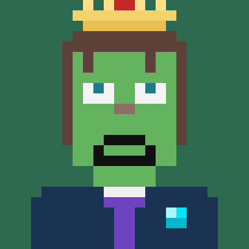 A pixel art portrait of a character with a green face, hollow eyes, a black mustache, wearing a suit and a yellow crown, resembling King Hiddles in retro game style.