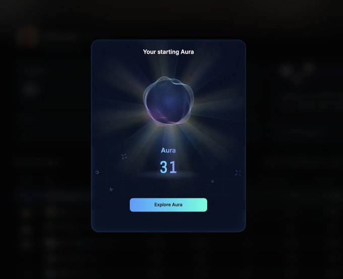 A digital card displays "Your starting Aura" with a glowing purple orb and the number "31" labeled as "Aura," accompanied by an "Explore Aura" button, representing a Kaito AI profile feature. The image visually corresponds to the post highlighting the user's 31 Aura score on the Kaito platform.