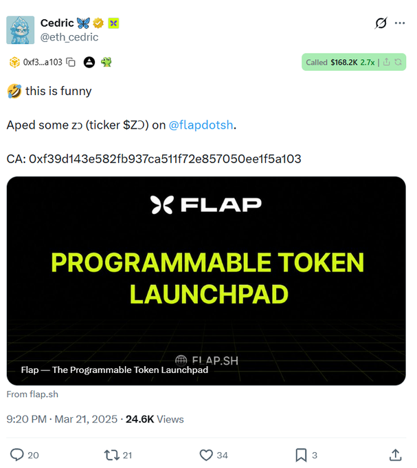 The image shows a tweet from user @eth_cedric captioned "this is funny," referencing that he "Aped some z (ticker $Z) on @flapdot sh" with contract address 0xf39d143e582fb937ca511f72e857050ee1f5a103, alongside a Flap promotional image advertising a "Programmable Token Launchpad" (flap.sh). The post's commentary highlights the humor of the reverse/mirrored "Z" visual effect, playing on the joke that the ticker "$Z" in the image appears flipped or distorted when displayed on the Flap platform.