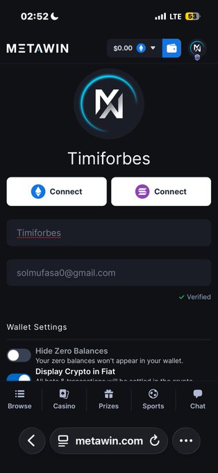 A screenshot of the Metawin.com website showing a user account profile for "Timiforbes" with a verified email (solmufasa0@gmail.com) and two connect options (wallet and another service). The image supports the post's request to gamble on Metawin by displaying the platform's wallet/account interface.