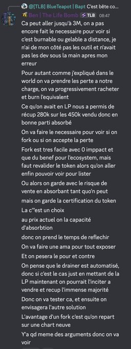 A Telegram post in French by BNB | The Life Bouze discussing market analysis on BNB token price, liquidity, and support levels around 280K and 450K.