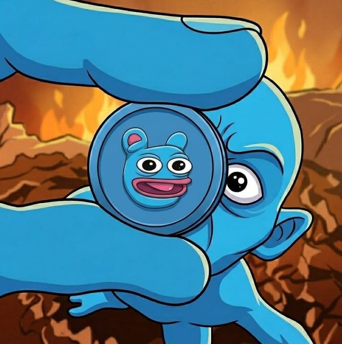 A cartoon illustration of a blue creature holding a small smiling blue ball with bunny ears, set against a fiery background.