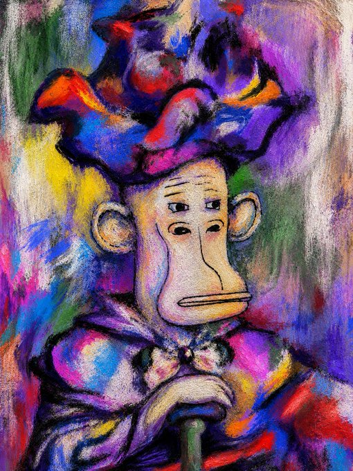 A colorful, vibrant painting in an abstract/cubist style depicting a monkey-like figure wearing an elaborate multicolored hat against a purple and yellow background.