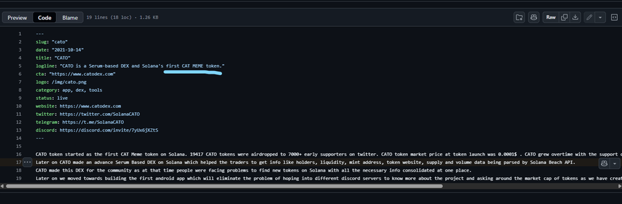 A screenshot of a GitHub README file for the CATO token, describing it as a Serum-based DEX on Solana, listing social media links and launch details.