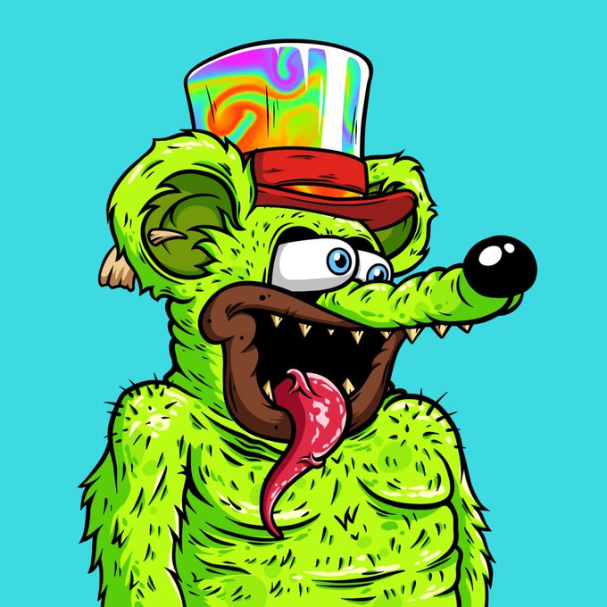 A cartoon illustration depicts a green, furry rat-like creature with bulging eyes, sharp teeth, and a protruding tongue wearing a rainbow top hat.