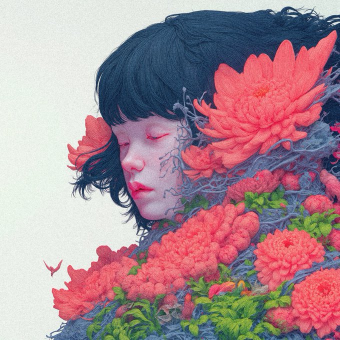 A digital illustration of a woman with dark hair, eyes closed, surrounded by vibrant pink and red flowers with delicate branches, rendered in a soft, artistic style.