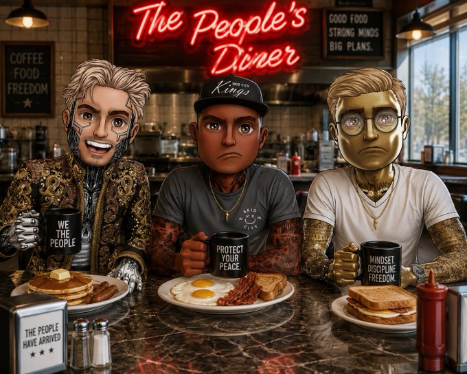 A digital illustration of three men with cybernetic features and tattoos sitting at a diner counter called "The People's Diner," with signs reading "COFFEE FOOD FREEDOM" and "GOOD FOOD STRONG MINDS BIG PLANS." Their mugs read "WE THE PEOPLE," "PROTECT YOUR PEACE," and "MINDSET DISCIPLINE FREEDOM," and a placard notes "THE PEOPLE HAVE ARRIVED."