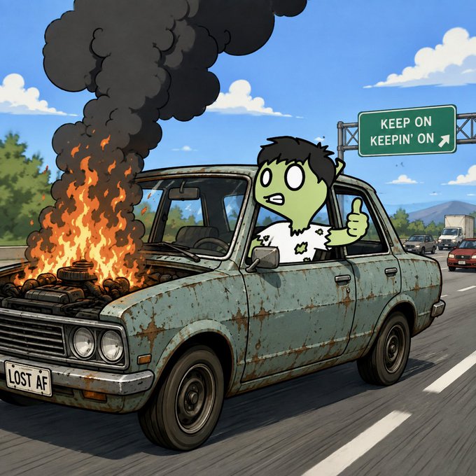 A cartoon illustration shows a green zombie-like character giving a thumbs-up while driving a rusty car with its engine on fire; the highway sign reads 'KEEP ON KEEPIN' ON' and the license plate reads 'LOST AF'.