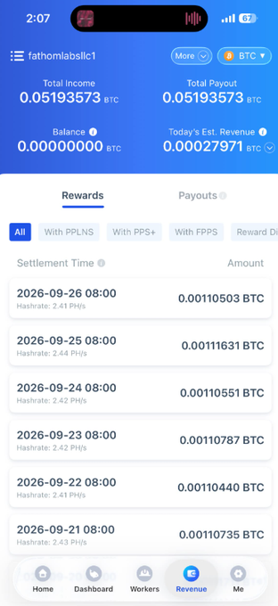 A mobile dashboard for fathomlabclc1 showing a total income and payout of 0.05193573 BTC, today's estimated revenue of 0.00027971 BTC, and a list of BTC settlement rewards.