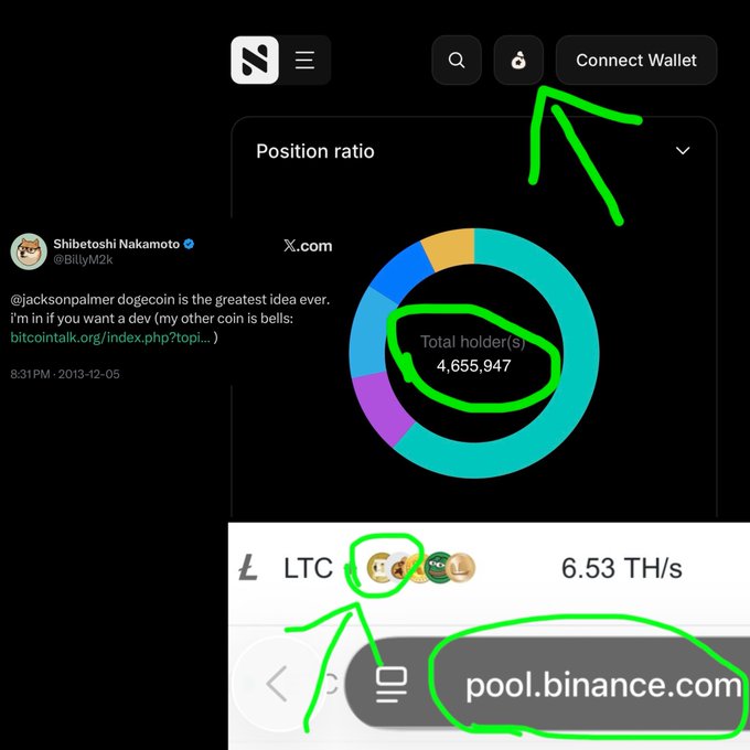 A collage of cryptocurrency-related screenshots, including a tweet from 'Shibetoshi Nakamoto' (@BillyM2k) about dogecoin from December 2013, a chart showing 'Total holder(s) 4,655,963', and a web browser displaying 'pool.binance.com' with annotations drawn in green.