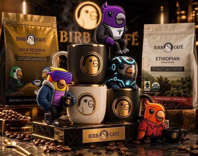 A promotional display for 'BIRB CAFÉ' features bags of 'GOLD RESERVE' and 'ETHIOPIAN' coffee alongside coffee mugs and small bird figurines wearing various outfits.