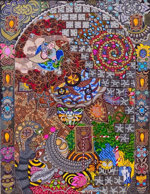 An intricate, densely patterned psychedelic artwork filled with faces, animals, and geometric shapes in a vibrant array of colors.