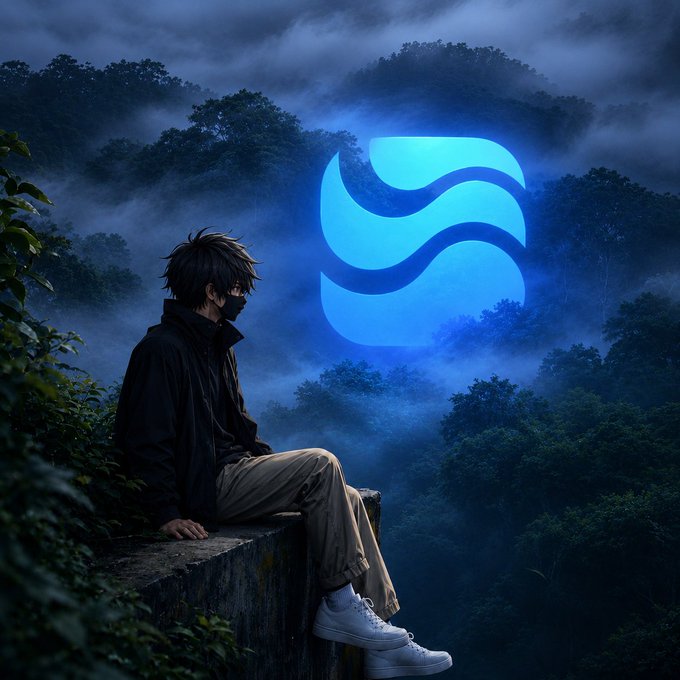 An anime-style illustration of a person wearing a mask and dark jacket sitting on a ledge, with a large blue glowing wave-like symbol in the misty forest background.