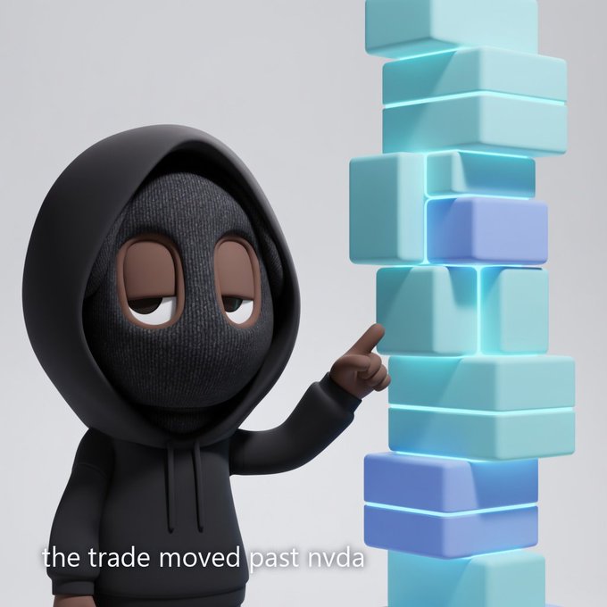 A 3D-rendered character in a black hoodie and ski mask pointing at a stack of blue and teal glowing cubes, with text reading 'the trade moved past nvda'.