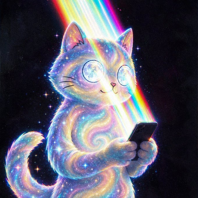 A cosmic cat made of swirling galaxies and stardust gazes at its glowing phone while a rainbow beams down from the night sky, evoking the viral rise of "Mooncat"—a meme spreading from quiet beginnings ("a whisper") to widespread reach ("a wave") across digital space.