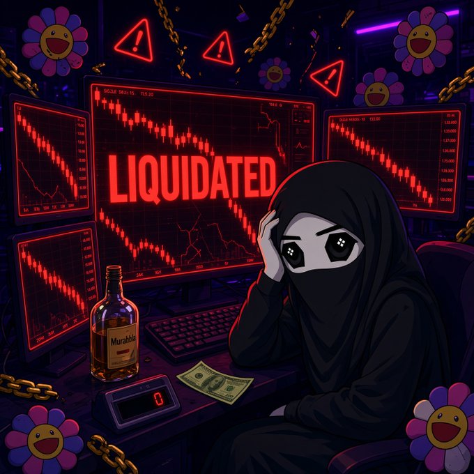An anime-style illustration of a hooded figure with a mask sitting at a desk surrounded by monitors displaying declining stock charts and the word 'LIQUIDATED' in red, with a bottle labeled 'Murabble' and dollar bills nearby.