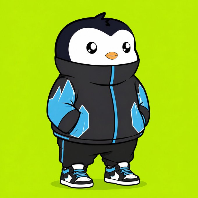 A cartoon penguin character wearing a black puffer jacket with blue ice-like accents, black pants, and blue-and-white sneakers, standing against a bright green background.