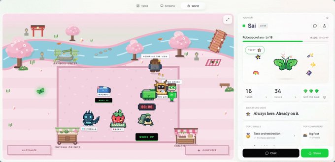 A digital game interface displays a pink-hued map with various locations like 'MATCHA GARDEN' and 'JURI STADIUM', alongside a character profile for 'Sai' level 18, a 'Robonoceraty'.