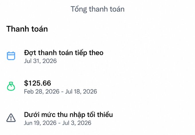 A Vietnamese screenshot of a payment summary ('Tổng thanh toán') showing an upcoming payment on Jul 31, 2026, a recent payout of $125.66, and a note indicating earnings below the minimum threshold.