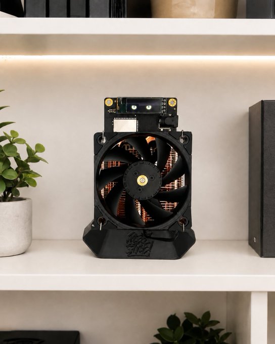 A computer fan with copper heat pipes mounted on a custom 3D-printed stand on a white shelf.