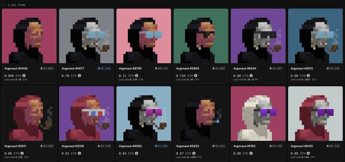 A dark-themed NFT marketplace interface displays a grid of pixel-art portrait avatars labeled 'Argonaut,' each featuring prices in ETH and last sale dates, with the title '2,043 ITEMS' at the top.