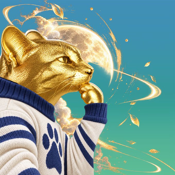 A golden cat in a striped sweater gazes contemplatively against a teal sky with a glowing crescent moon, swirling gold particles, and floating leaves—imagery that reflects the post's triumphant tone about a rare, valuable "gold body" NFT cat that only 10 exist, with the artist now vindicated against past skeptics.