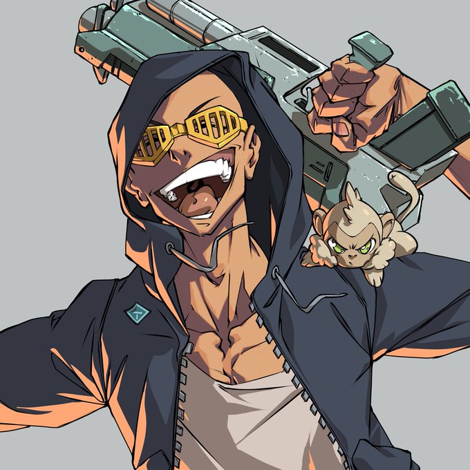 An anime-style illustration of a grinning man in a dark hoodie wearing yellow slatted sunglasses and carrying a large futuristic gun over his shoulder, with a small cat-like creature perched on his shoulder.