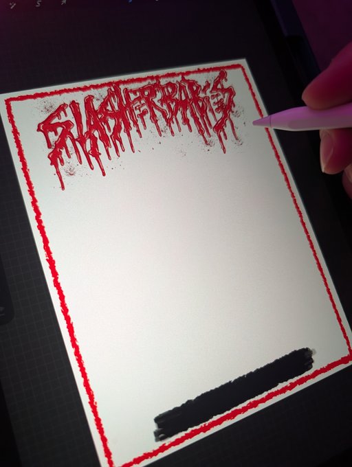 A hand uses an Apple Pencil to design a "Slaughterhouse" themed title card in red, dripping horror-style lettering on a digital tablet. The empty white space below the header and a black censor bar at the bottom suggest the layout is still being finalized, aligning with the caption noting Volume 2 is nearly complete.