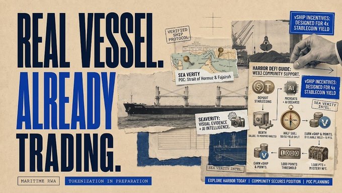 A promotional graphic with the text 'REAL VESSEL. ALREADY TRADING.' advertises maritime RWA tokenization, featuring a cargo ship and vSHIP incentive details.