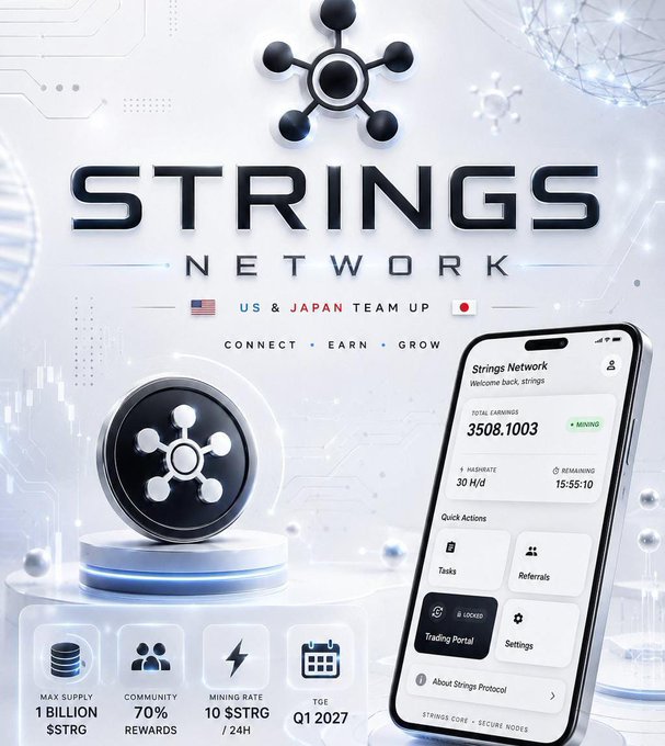 A promotional graphic for 'STRINGS NETWORK' featuring a US & Japan team partnership with a phone mockup showing earnings of 3508.1003 and mining rate of 10 $STRG/24H.