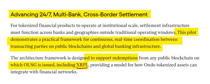 The image highlights a section of text about "Advancing 24/7, Multi-Bank, Cross-Border Settlement," describing a pilot framework for real-time coordination between transacting parties on public blockchains and global banking infrastructure, specifically mentioning support for OUSG tokenized asset redemptions on XRPL. This directly supports the post by illustrating how Ripple ($XRP) and Ondo ($OUSG) are working together to integrate tokenized assets with financial networks through multi-bank cross-border settlement.