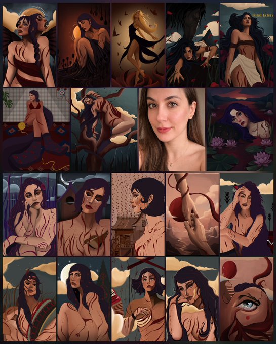 A collage of digital illustrations in an Art Nouveau style featuring dark-haired women in various poses, with one real photograph of a woman placed in the center.