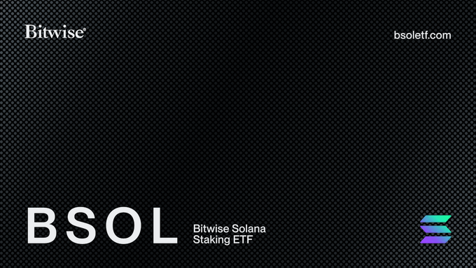 A dark promotional graphic for the "BSOL Bitwise Solana Staking ETF" featuring the Bitwise logo and website bsoletf.com, alongside a colorful Solana logo.