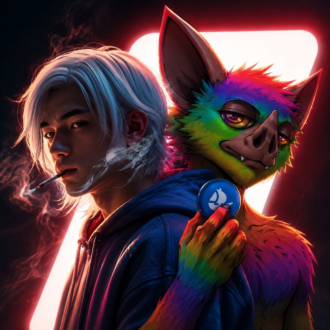 A digital artwork depicting a white-haired character smoking a cigarette alongside a vibrant rainbow-colored bat-like creature, with the creature holding a circular blue token featuring a logo.