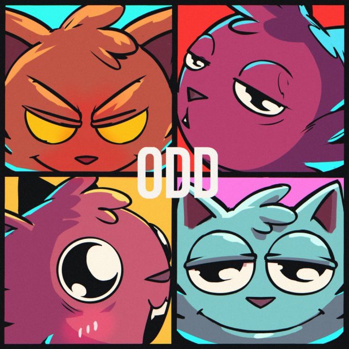 The image is a four-panel cartoon featuring colorful, expressive cats (orange, purple, pink, and teal) with the text "ODD" overlaid in the center. It serves as branding/promotional artwork for @ODDCATSdotCOM, supporting the giveaway announcement of 10 whitelist spots.