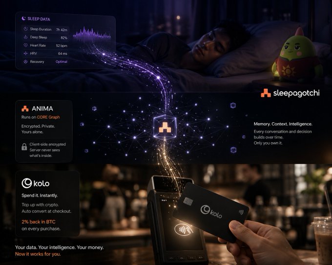 A digital illustration of a person sleeping on a bed, with a green frog toy and sleep graph overlays, accompanied by text promoting the "KOLA" credit card.
