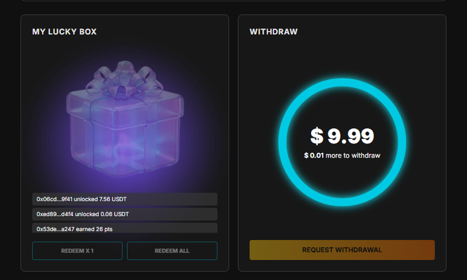 A digital dashboard showing a 'MY LUCKY BOX' section with a glowing translucent gift box and transaction history, and a 'WITHDRAW' section displaying a $9.99 balance with a 'REQUEST WITHDRAWAL' button.
