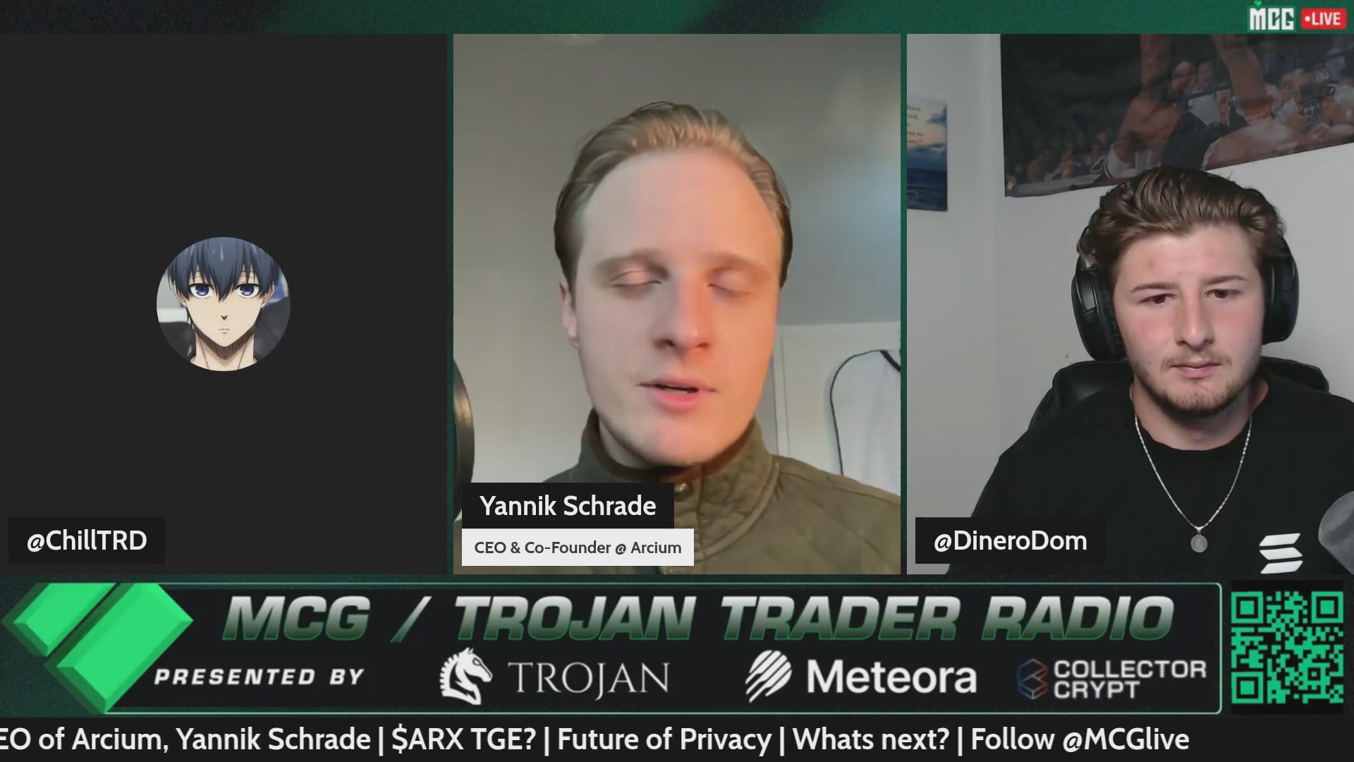 The image shows a screen with three people sitting behind a desk, likely participating in an online meeting or discussion. The first person has their face displayed on the left side of the screen, while the other two individuals are positioned more towards the center and right sides of the screen. The background features a green wall that is slightly blurred, making it difficult to discern specific details.

The image also contains text elements such as "MCG", "@solana", "#solana", "Privacy is a right...right?" which may be related to the content being discussed or the context of the meeting.