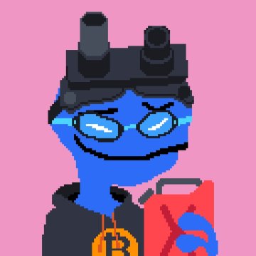 A pixel-art style illustration of a blue alien character wearing black goggles and a dark hoodie with a Bitcoin logo, holding a red object, set against a solid pink background.