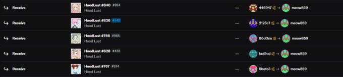 A screenshot of a Discord transaction log showing multiple 'Receive' entries for 'HoodLust' items (#540, #826, #786, #828, #787) transferred to user 'meow859' from various senders.