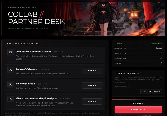 A screenshot of a 'COLLAB // PARTNER DESK' interface with an anime-style banner, listing tasks such as 'Join Studio & connect a wallet', 'Follow @0xhazels', 'Follow @Rosaaa', and 'Like & comment on the pinned post', with status showing 20 WL allocated.
