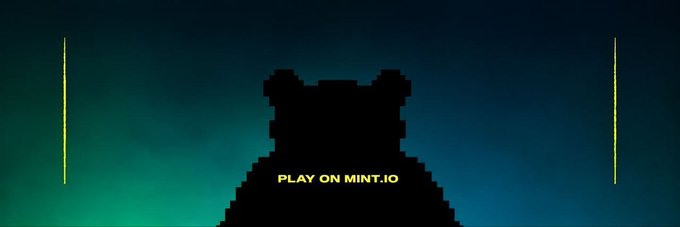 A pixelated silhouette of a character stands against a teal and dark blue gradient background with the text 'PLAY ON MINT.IO' displayed in yellow.