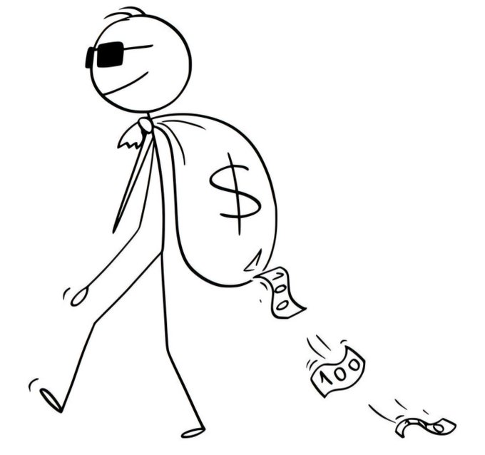 A simple line drawing shows a stick figure wearing sunglasses walking while carrying a money bag marked with a dollar sign, with coins and a 100-denomination bill falling from the bag.