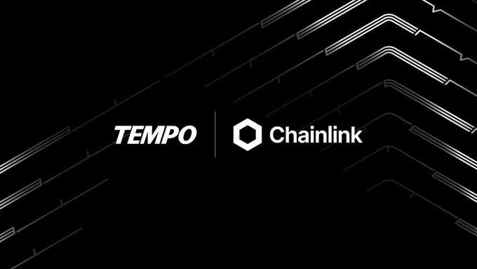 The image displays a promotional graphic on a black background featuring the text "TEMPO" and the Chainlink logo side by side, separated by a vertical line. The visual confirms the partnership announcement, showcasing both brands together to highlight the integration of Chainlink's Data Feeds into the Tempo platform.