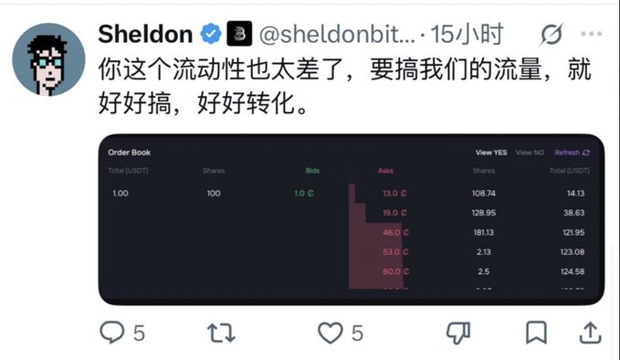 A social media post by 'Sheldon' (@sheldonbit...) in Chinese critiques low liquidity, accompanied by an order book screenshot showing bids and asks.