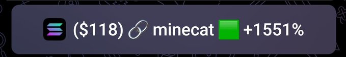A stylized cryptocurrency price card shows the Solana (SOL) logo, the name "minecat," a price of ($118), and a green indicator with "+1551%," visually representing the massive gains highlighted in the post about low-liquidity tokens delivering explosive returns.