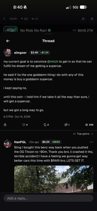 A screenshot of a mobile app showing the $RARI token page, featuring a thread where user slingoor discusses convincing @mitch to join, mentioning a supercar, followed by user HanPGL's reply about buying a Benz at a 90m market cap and proposing to aim higher with $RARI. The displayed value is MC $618.27K with 5G battery at 8:40, aligning with the caption's theme of "no risk no rari" and partnership between the two users.